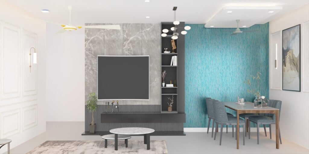 3D floor plan with living, dining, and kitchen layout for Mumbai apartment