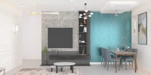 3D floor plan with living, dining, and kitchen layout for Mumbai apartment
